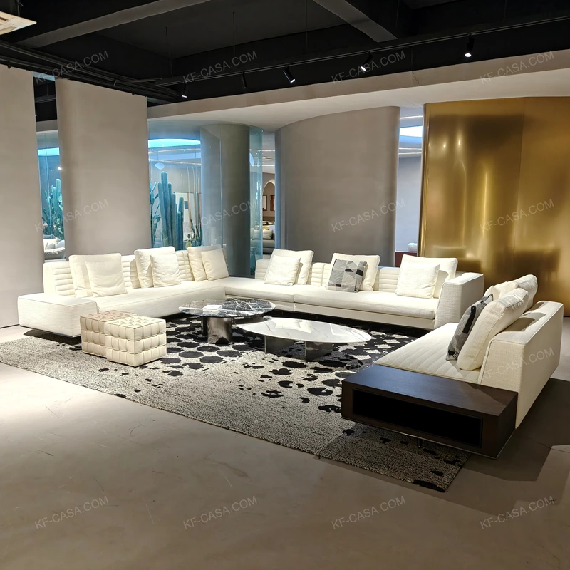 Modern Large-Scale Modular Sectional Sofa with Channel-Tufted Backrest, Integrated Wood Side Cabinet & Premium Textured Fabric